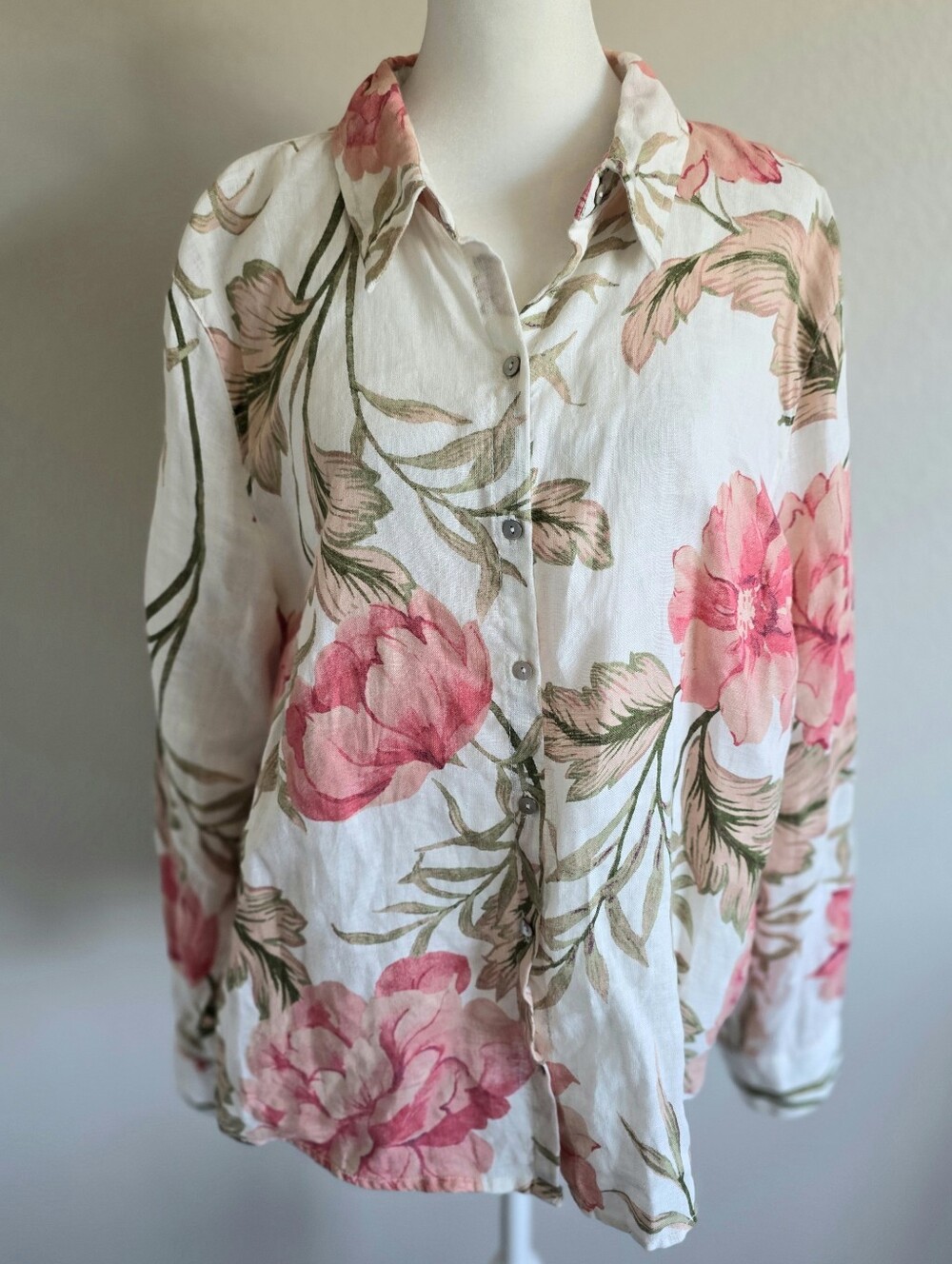 Joie 100% Linen XL Top Shirt Blouse Ivory Pink Floral Button Down Long Sleeve